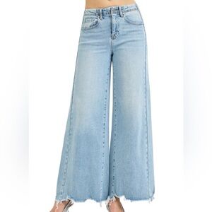 Risen Light Blue Wide Leg Jeans with Distressed Hem